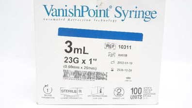 Retractable 10311 VanishPoint Syringe 3cc 23G x 1 - Box of 100